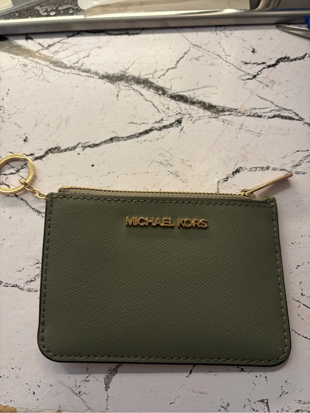 Michael Kors Olive Green Saffiano Leather Zip Card Case with Keyring